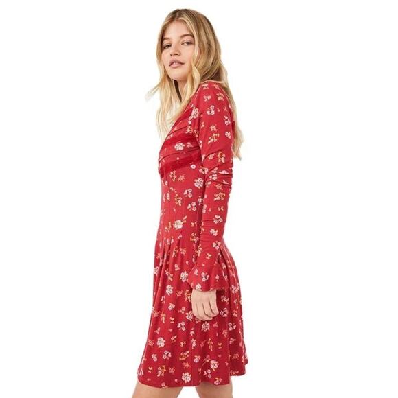 Free People GOOD DAYS Floral Long Sleeve Mini Dress in Red Pop Combo XS NWT $128 - Picture 3 of 9